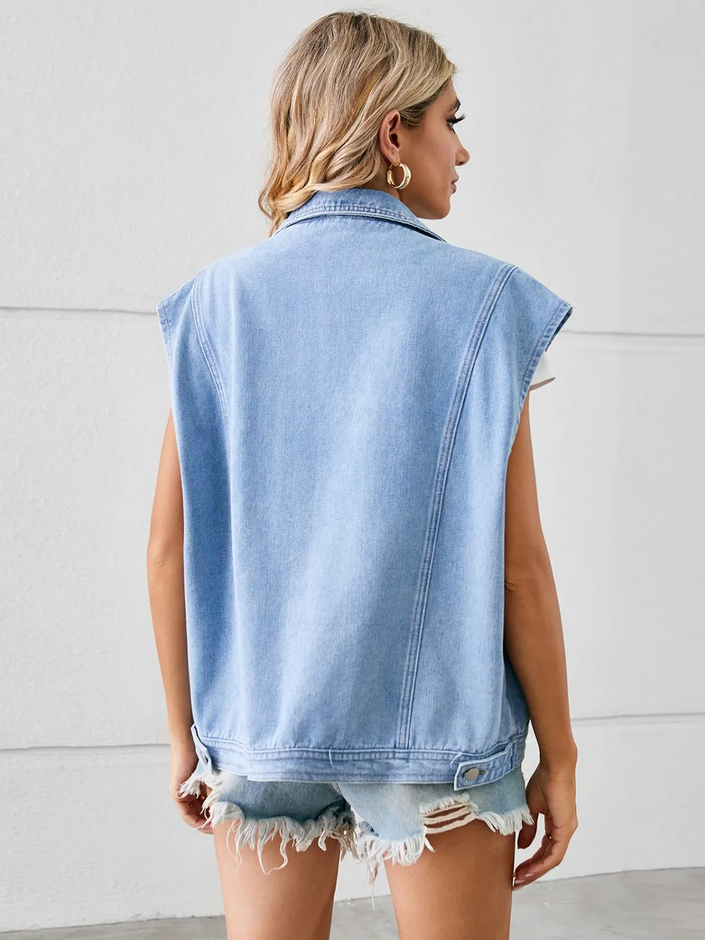 Pocketed Button Up Sleeveless Denim Jacket, image 2