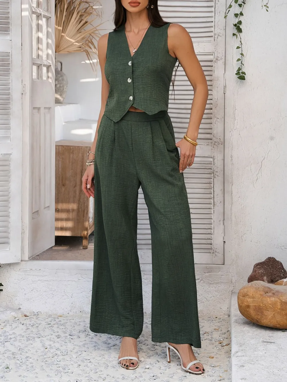 Button Down Vest and Wide Leg Pants Set, image 2