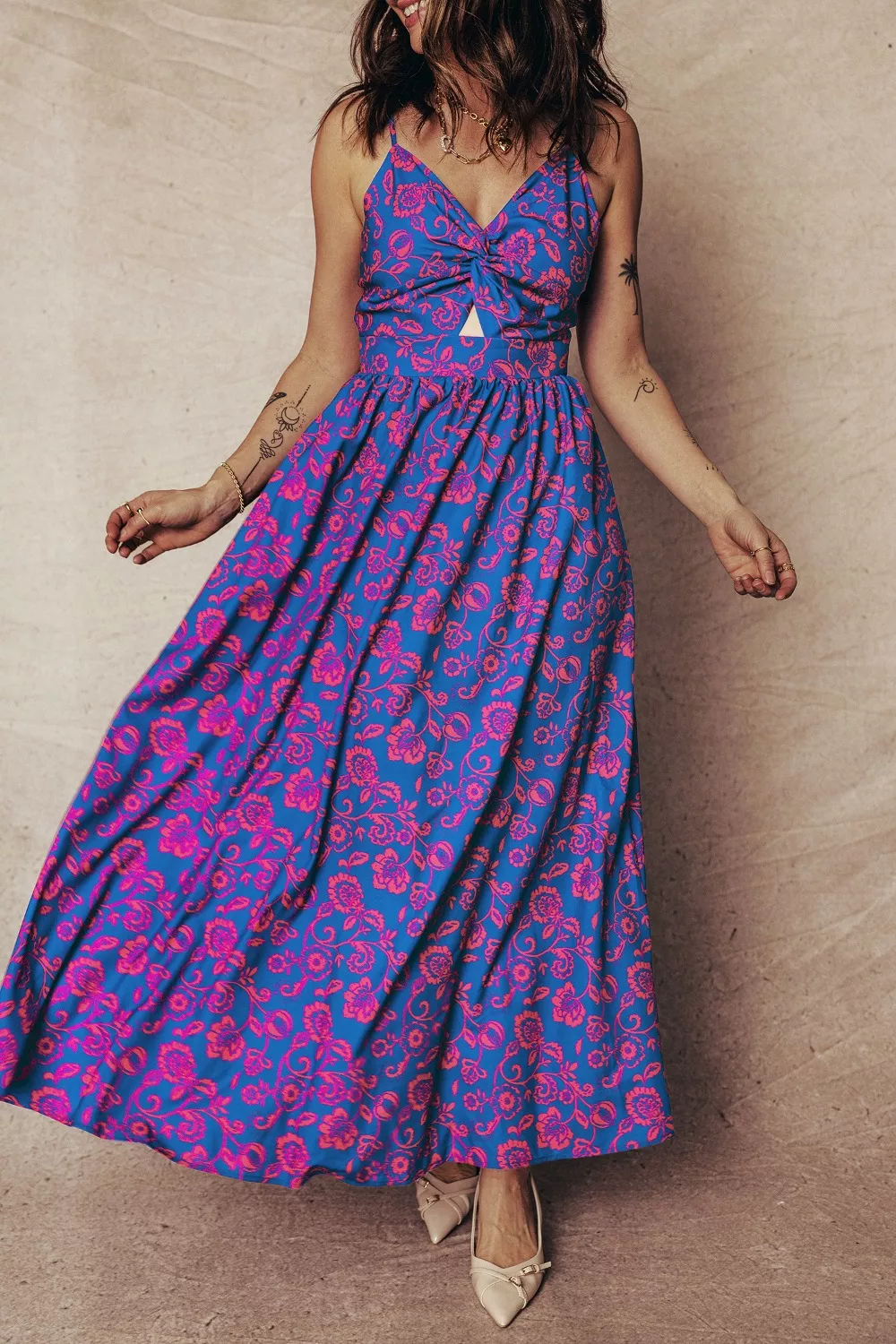 Floral Print Twisted V Neck Tied Backless Maxi Dress, image 3