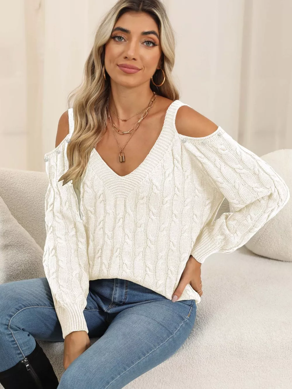 Cable-Knit Cold Shoulder Sweater, image 4