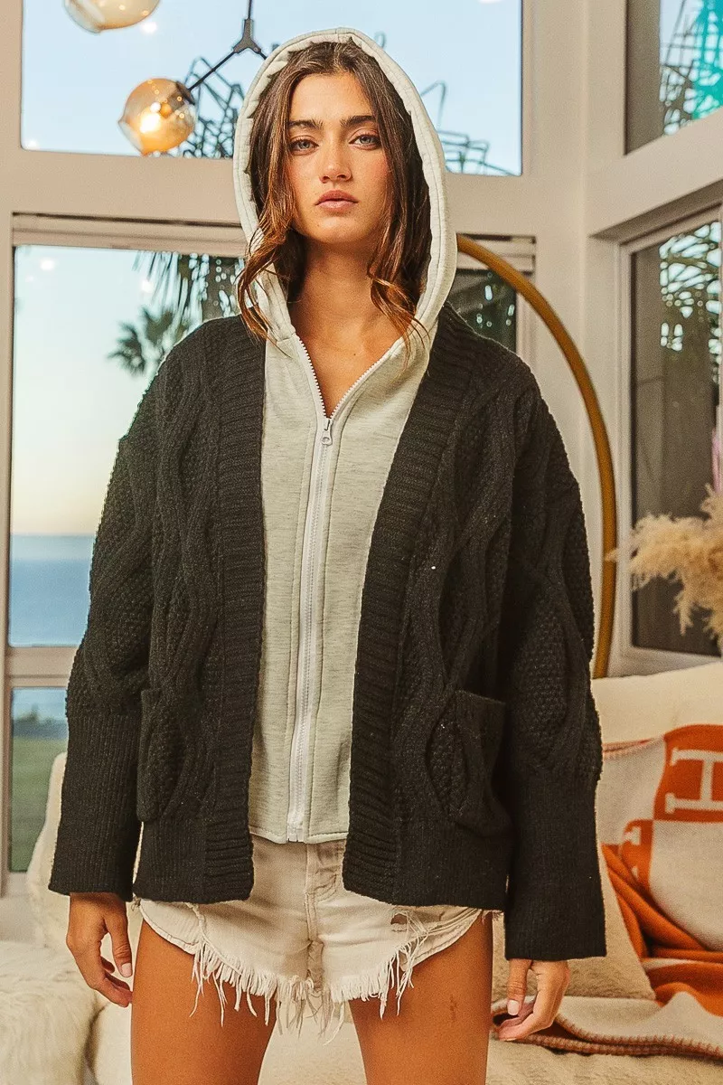 Knit Hoodie Rhombus Sweater Jacket, image 2