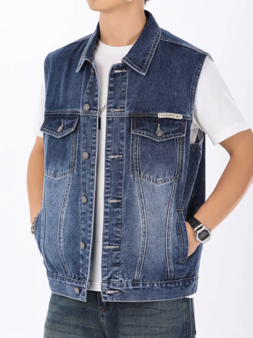 Men's Plus Size Vintage Washed Denim Vest, image 2