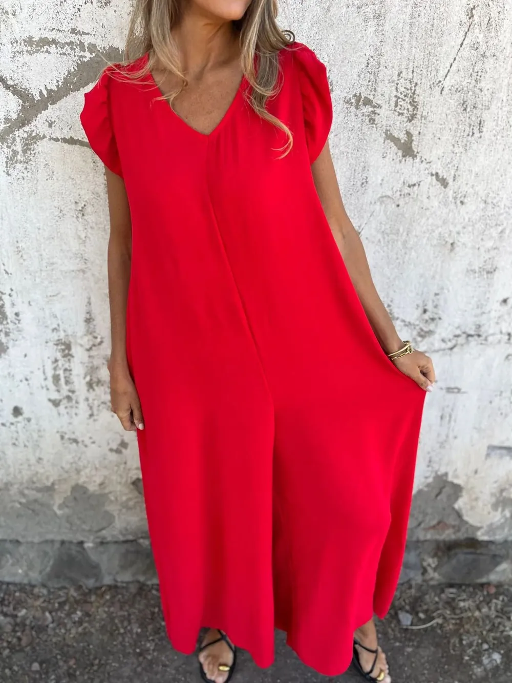 Full Size V-Neck Cap Sleeve Wide Leg Jumpsuit Plus Size, image 2