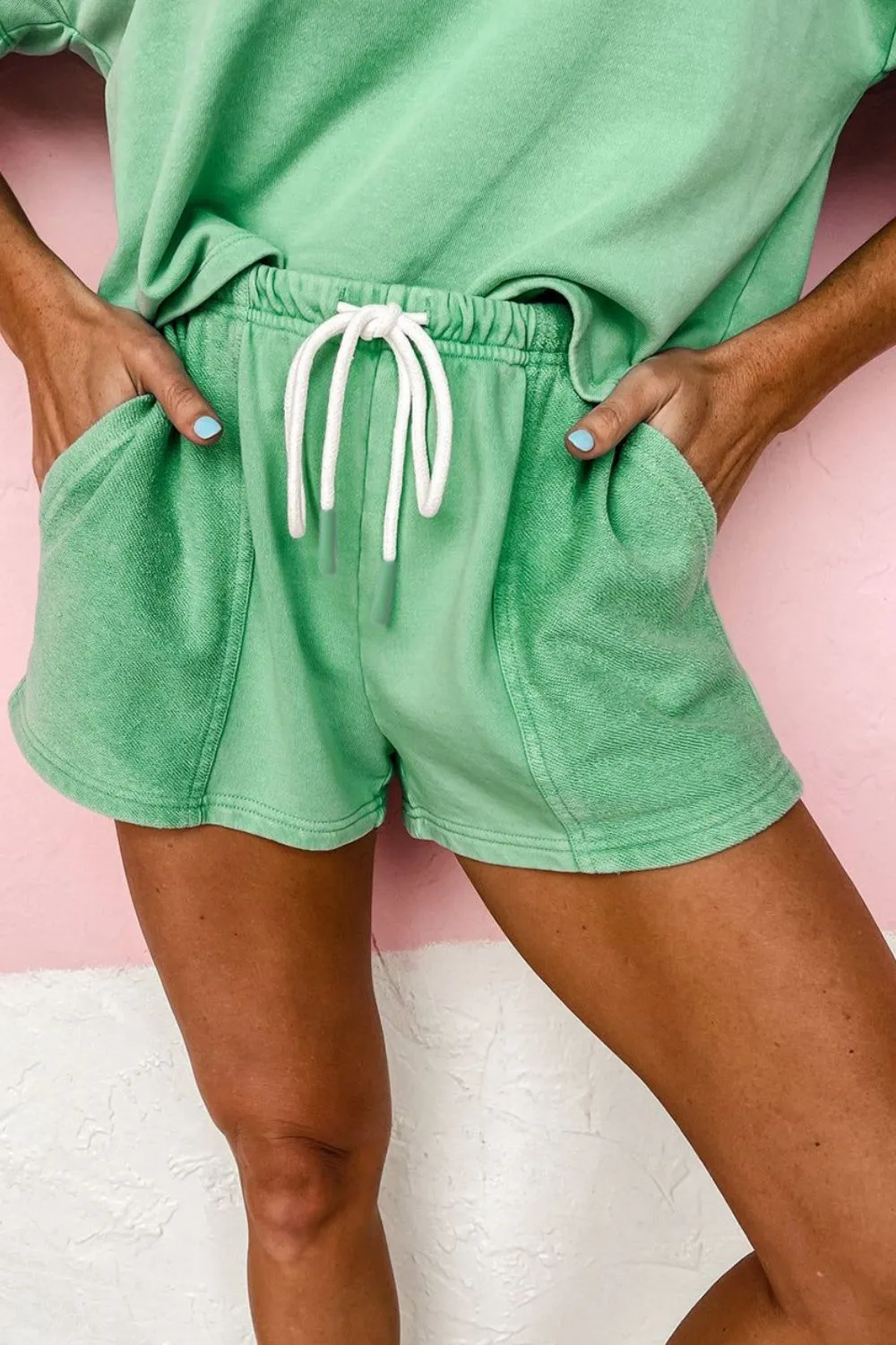 V-Neck Short Sleeve Loose Top and Drawstring Shorts Set, image 2