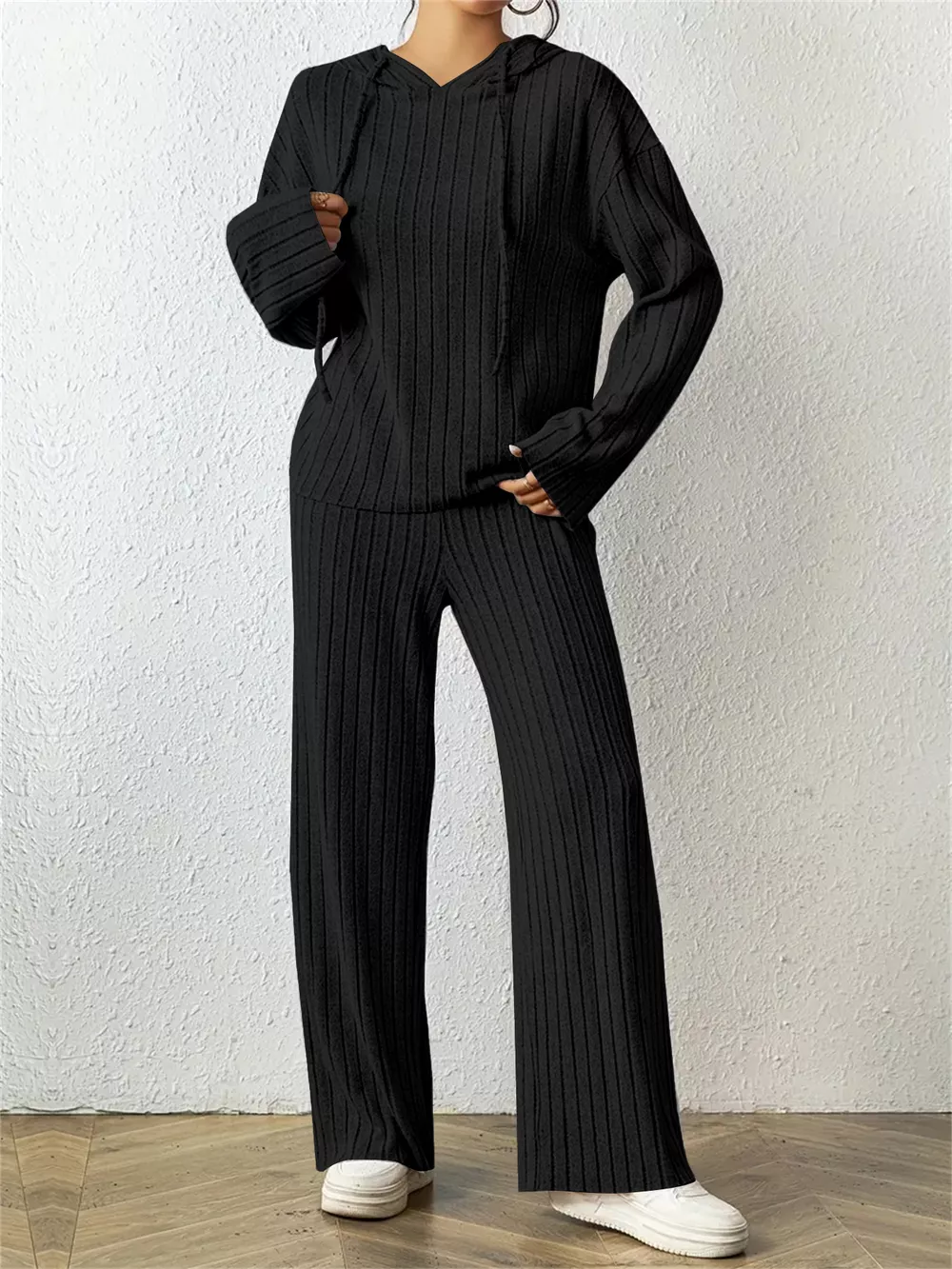 Ribbed Drawstring Hoodie and Pants Set, image 7