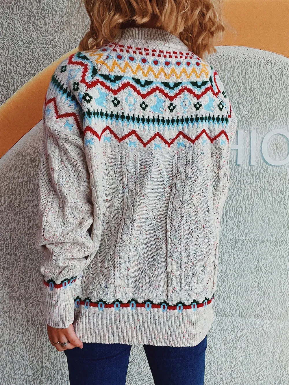 Cable-Knit Mock Neck Long Sleeve Sweater, image 10