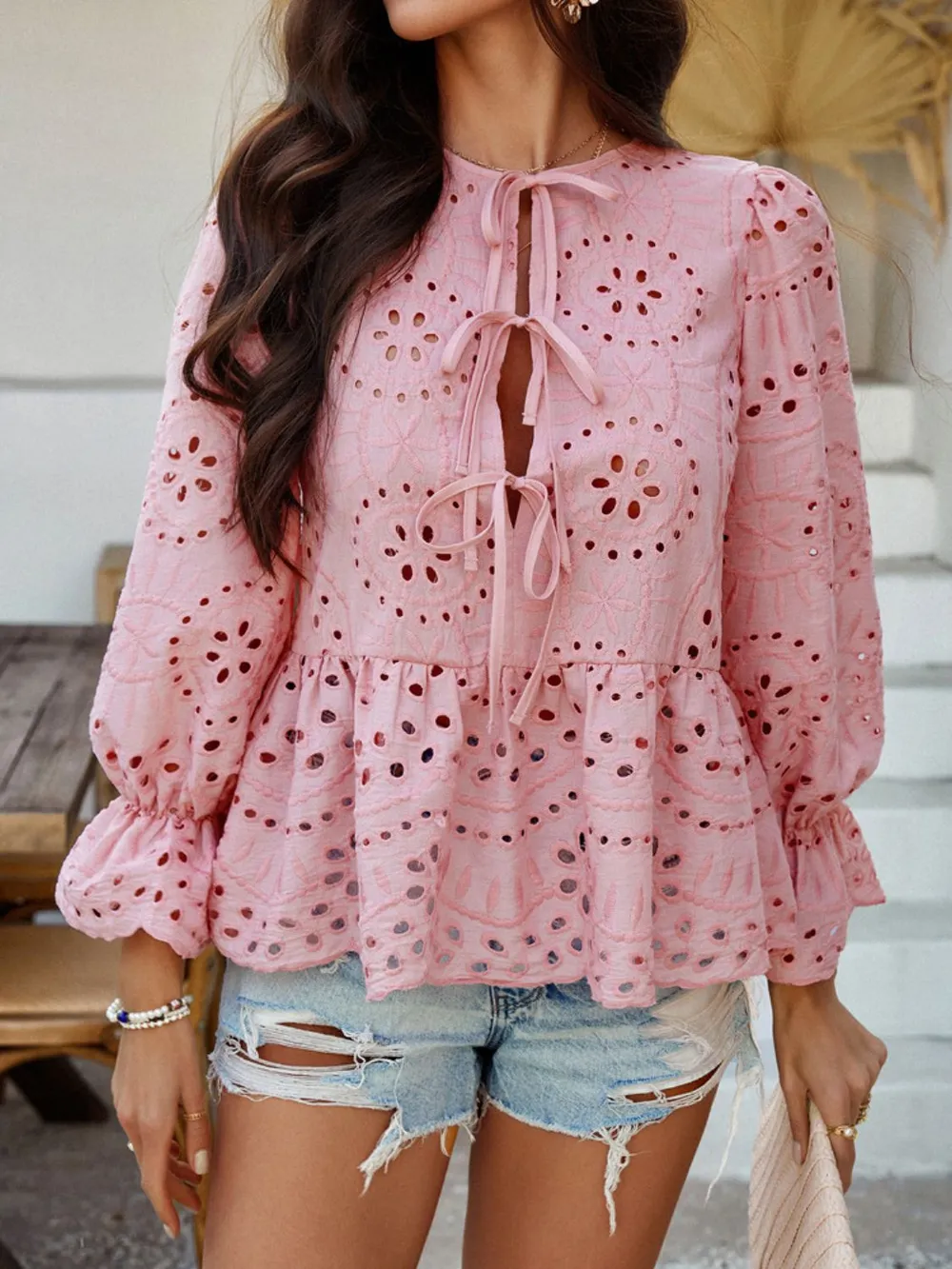 Tie Front Flounce Sleeve Peplum Blouse, image 19