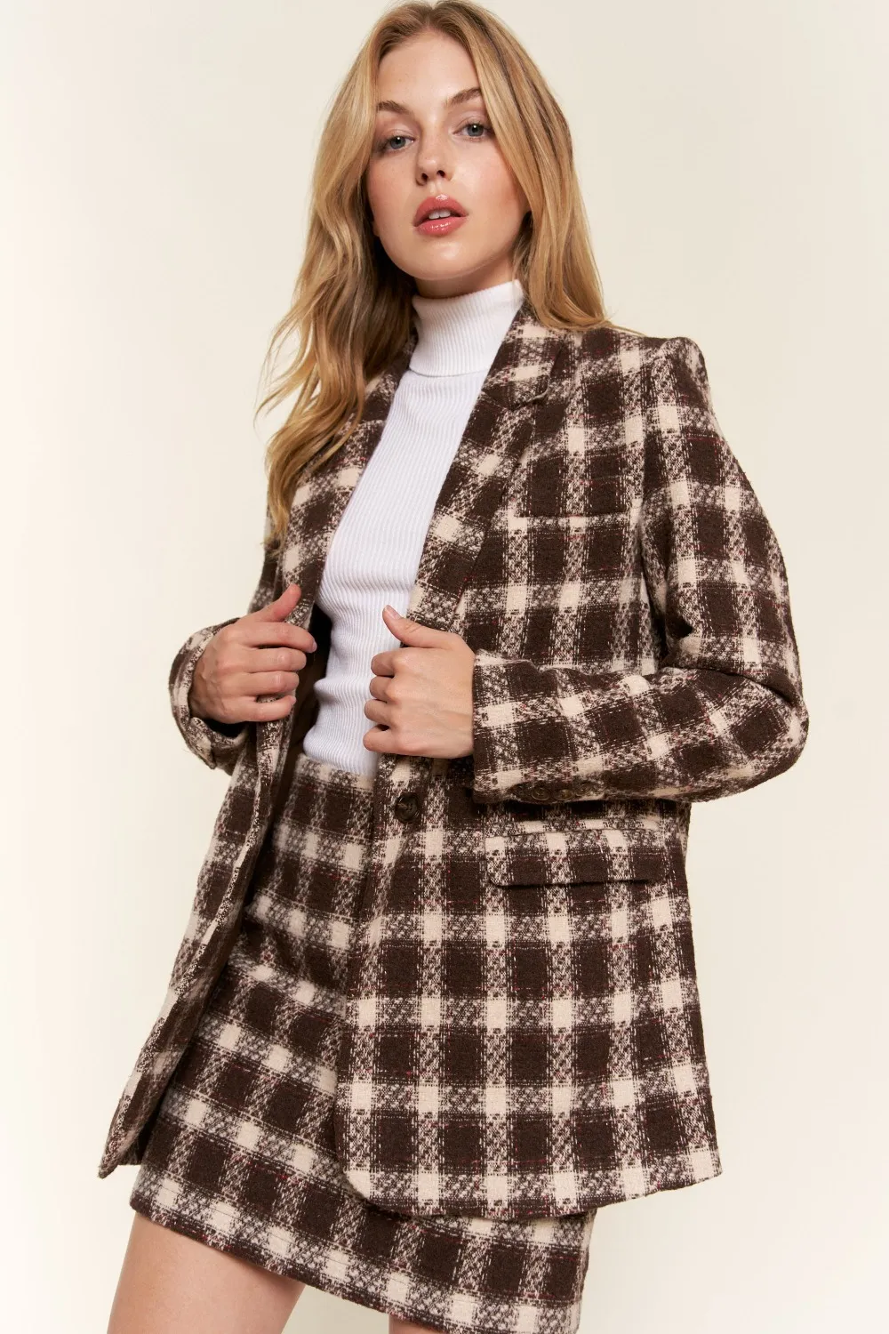Full Size Plaid Brushed One Button Blazer, image 2