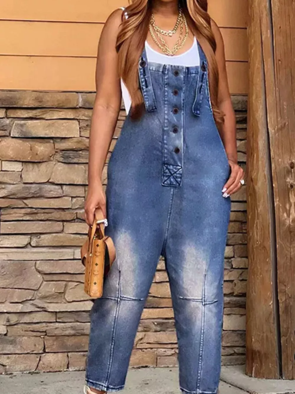 Full Size Button Front Denim Overalls with Pockets Plus Size, image 5
