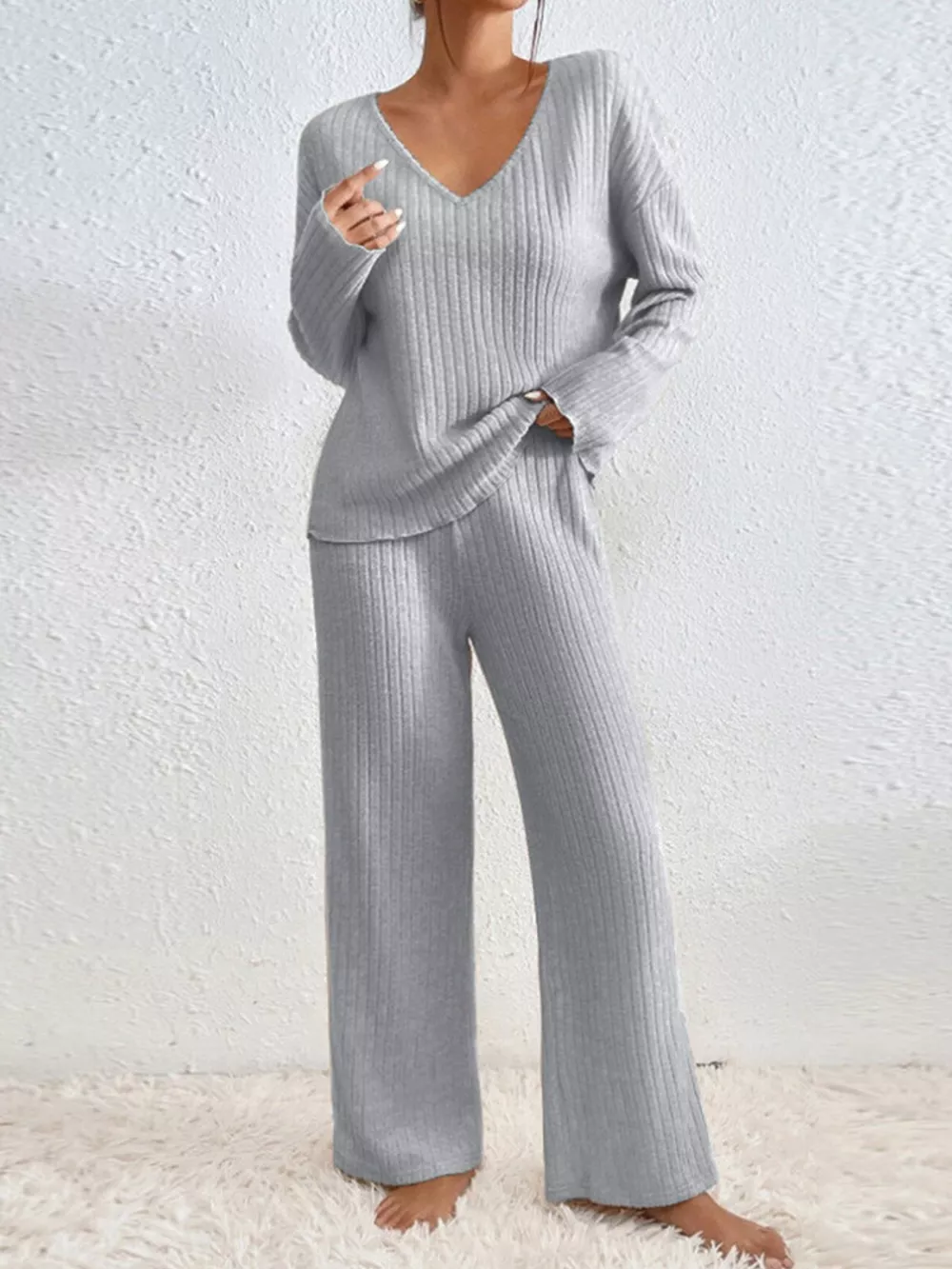 Ribbed Knit V-Neck Top and Pants Set, image 13