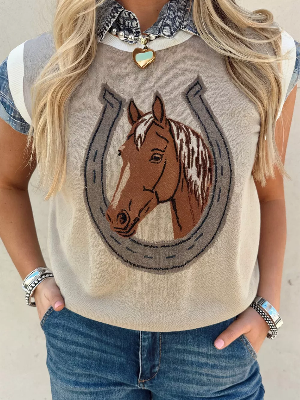 Horse Shoe Print Color Block Trim Round Neck Sleeveless Sweater, image 6