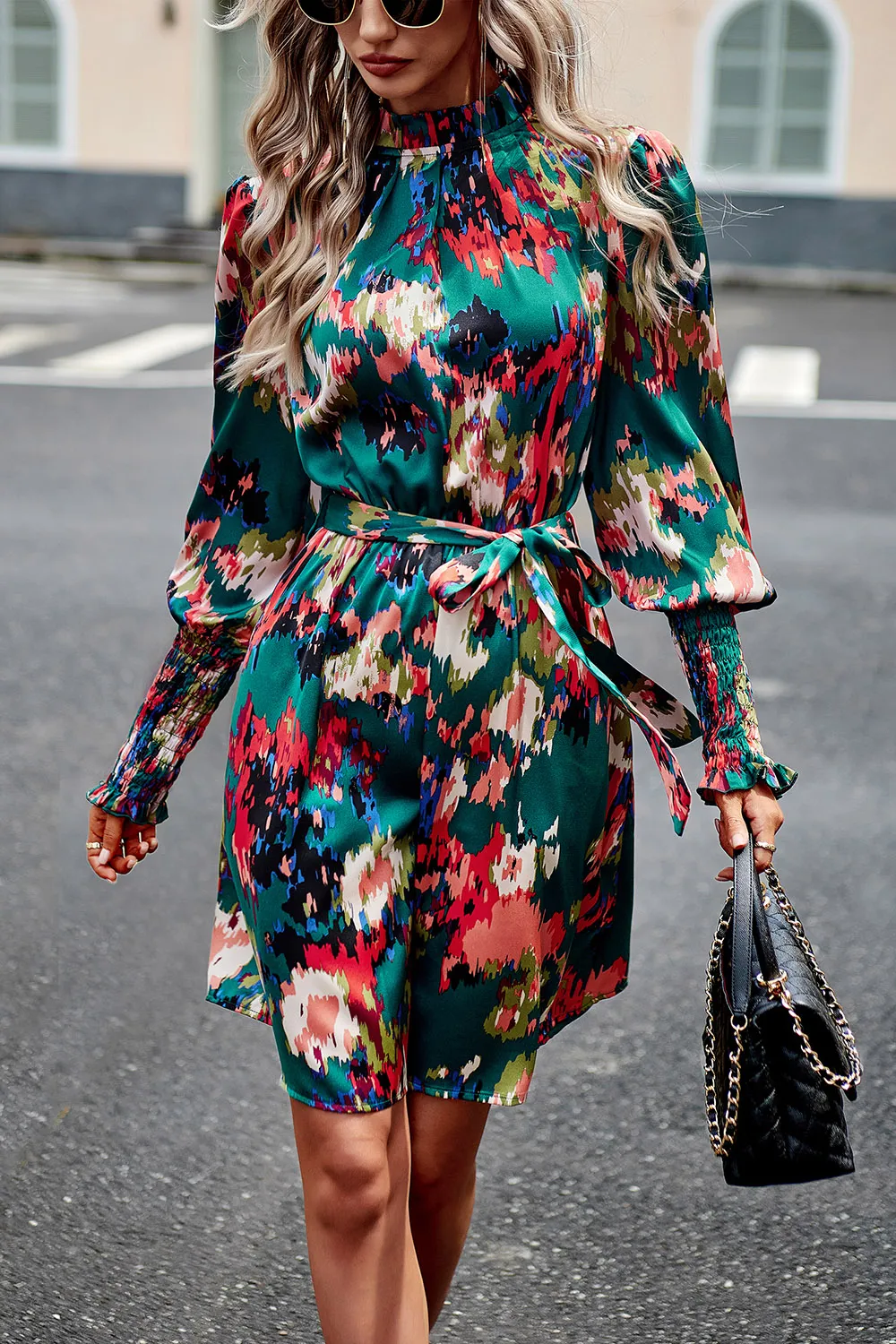 Printed Tie Waist Mock Neck Lantern Sleeve Dress, image 2