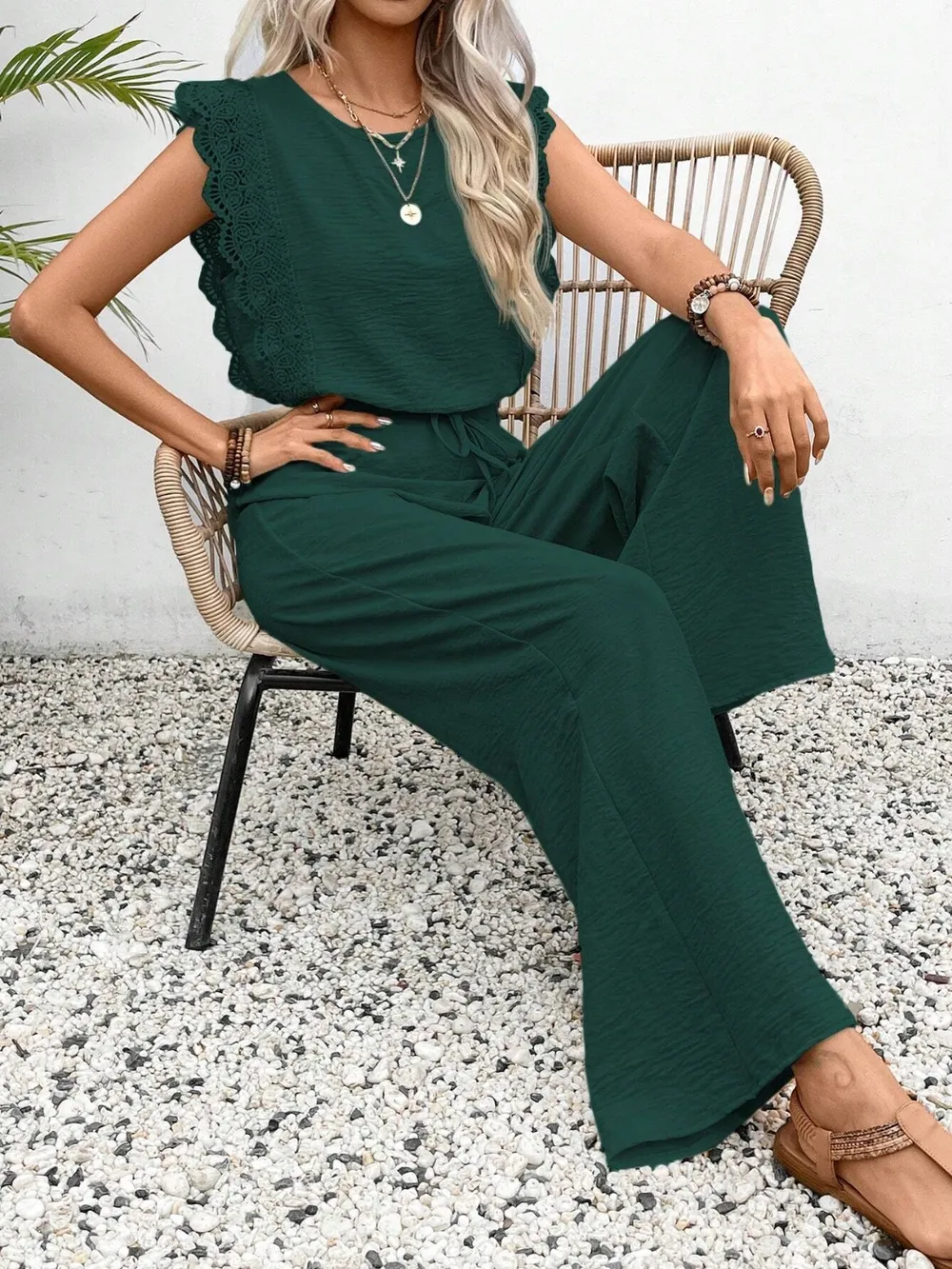 Lace Trim Round Neck Top and Pants Set, image 2