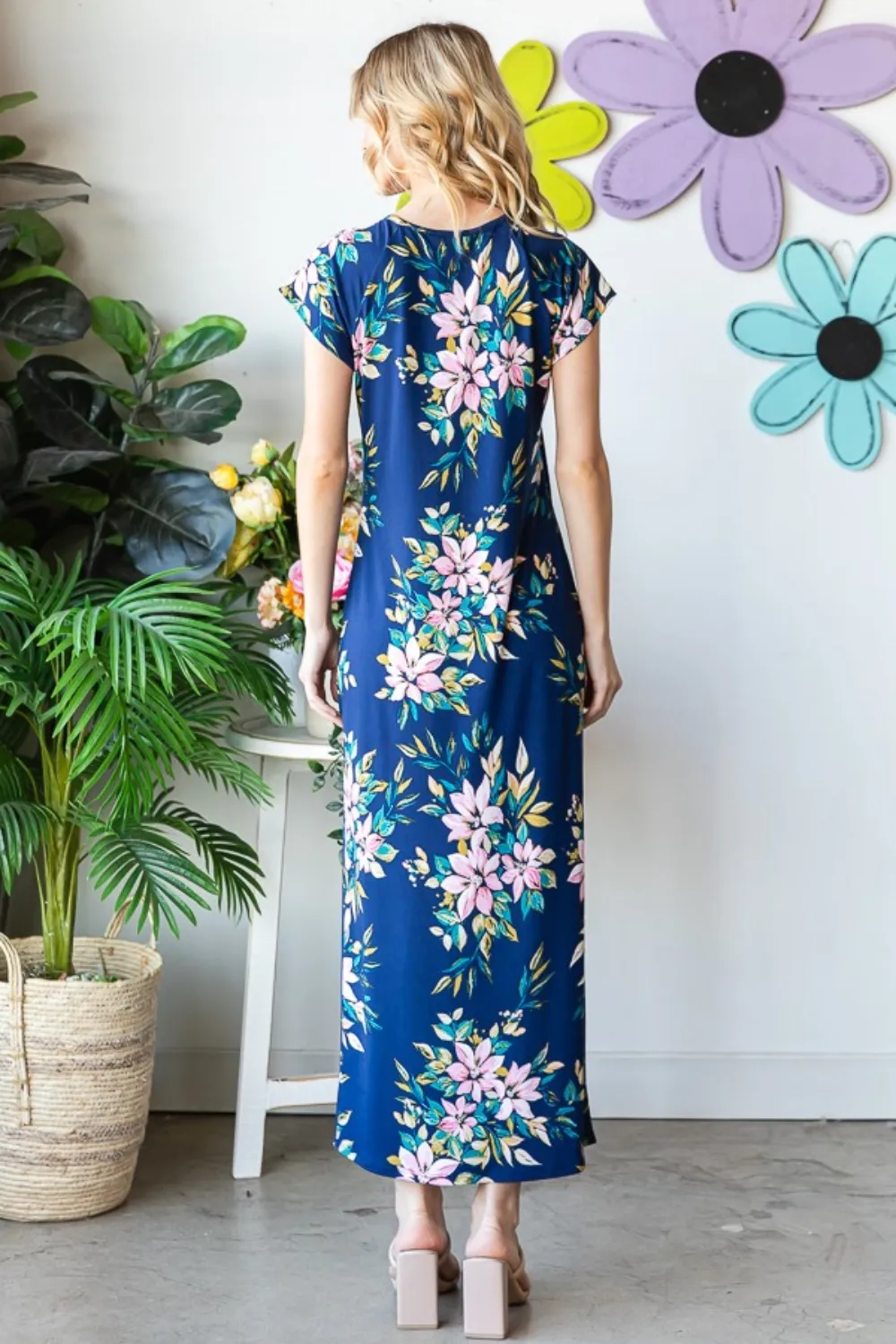Full Size Floral Short Sleeve Slit Dress, image 2