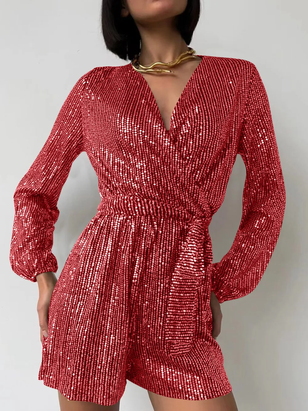 Full Size Sequin Surplice Tie Waist Long Sleeve Romper, image 2