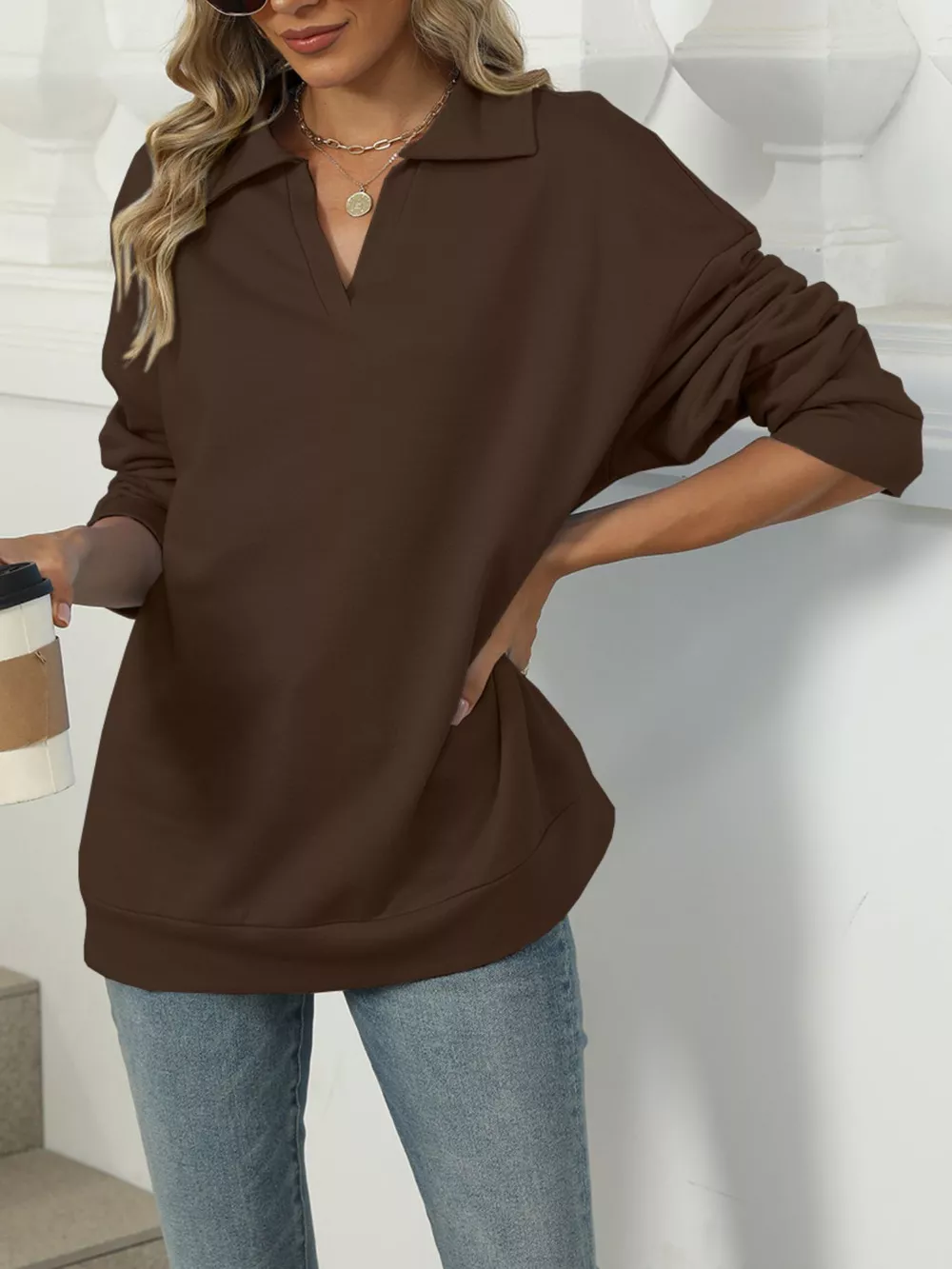 Johnny Collar Drop Shoulder Long Sleeve Sweatshirt, image 17