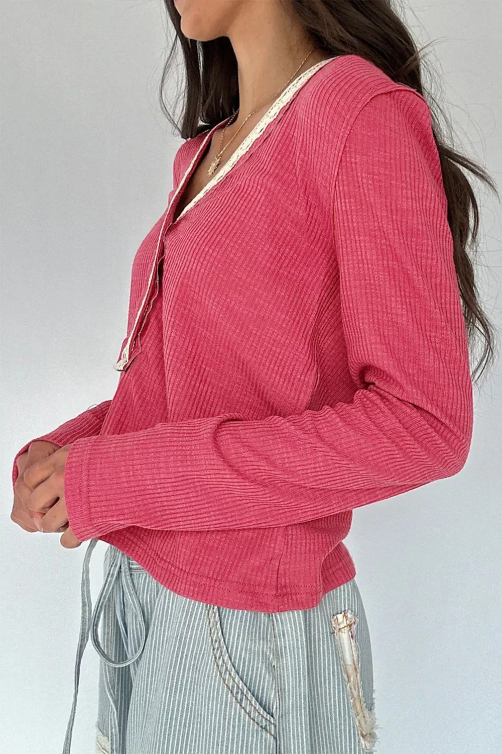 Lace Trim Ribbed Knit Henley Blouse, image 2