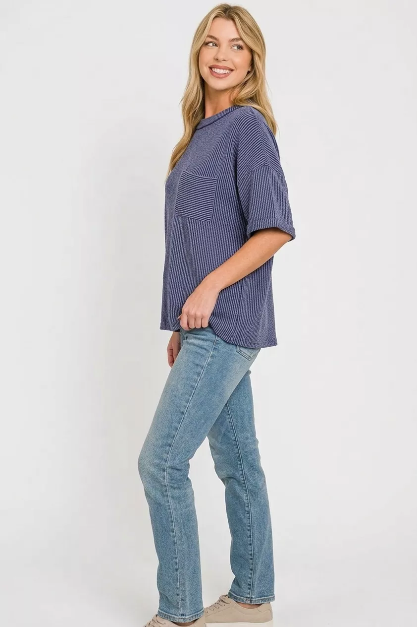 Raised Rib Short Sleeve Front Pocket Top, image 2