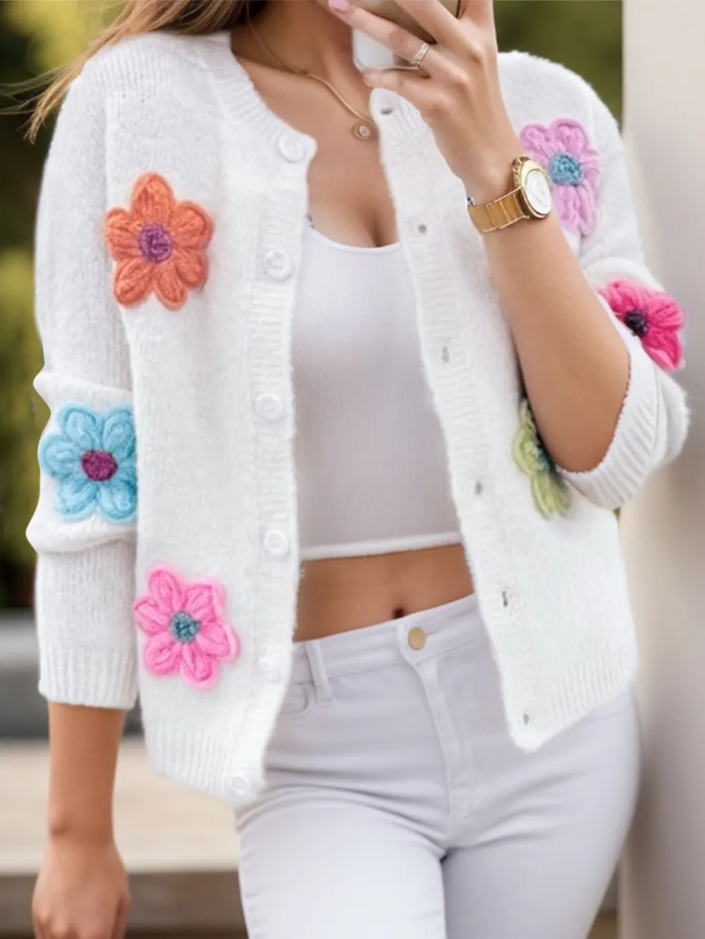 Flower Dropped Shoulder Long Sleeve Cardigan, image 2
