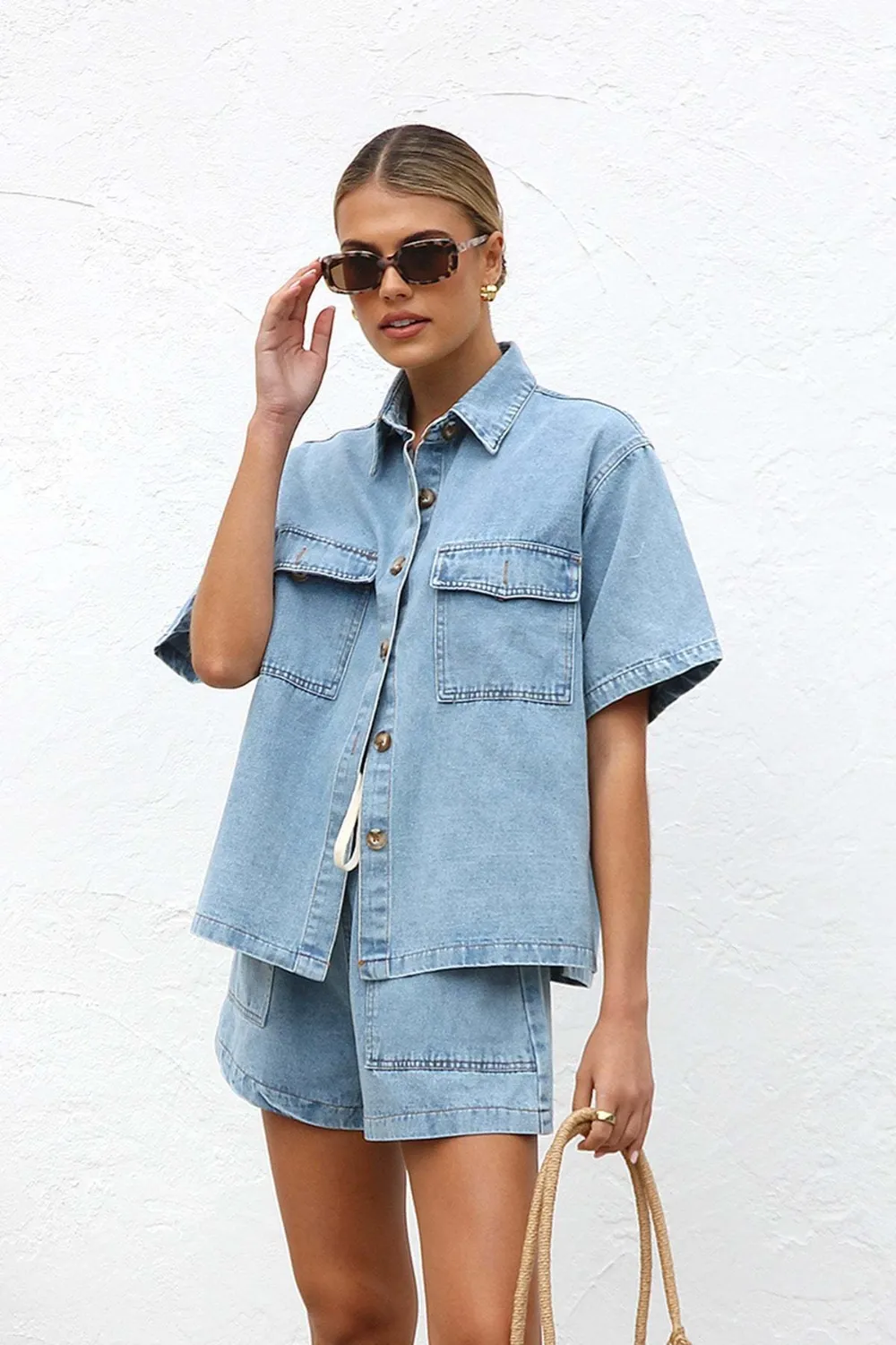 Collared Neck Button Up Top and Shorts Denim Set, image 2
