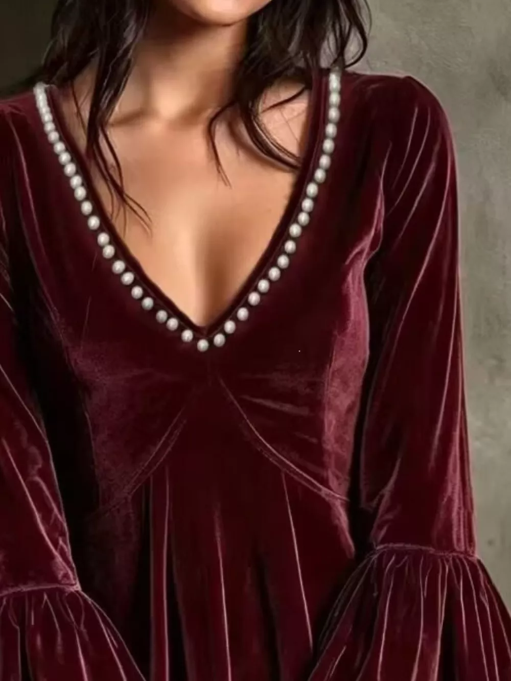 Full Size Velvet Bell-Sleeve Mini Dress with Pearl Embellished V-Neck Plus Size, image 2