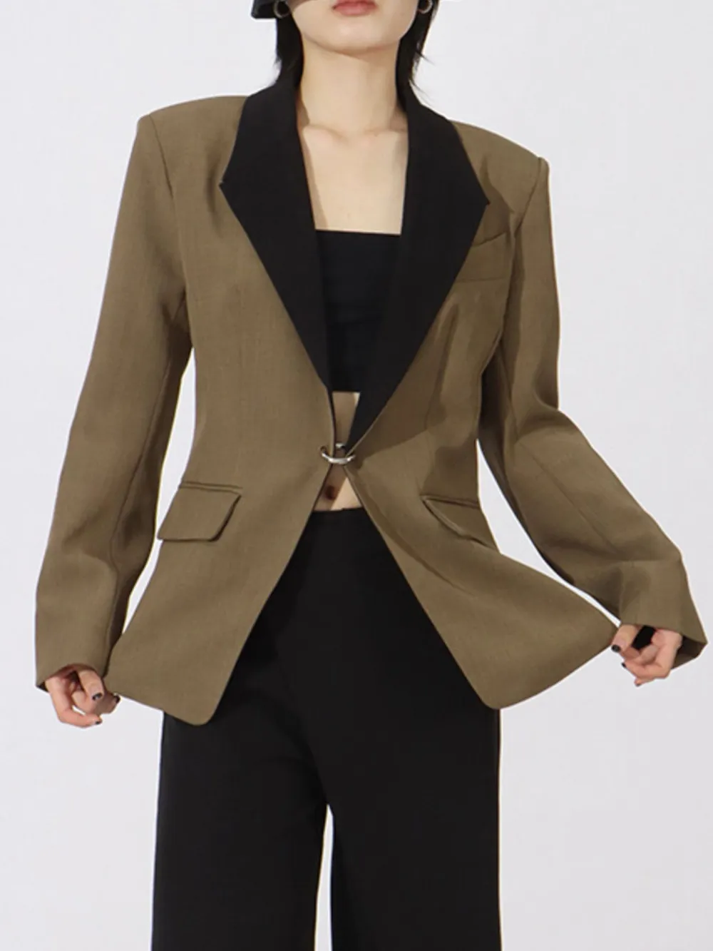 Contrast Lapel Collar Long Sleeve Blazer, image 3
