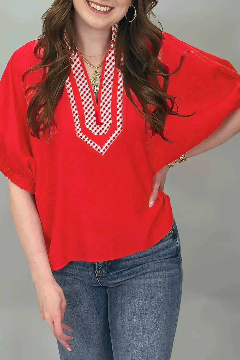 V Neck Plaid Collar Short Sleeve Tunic Blouse, image 3