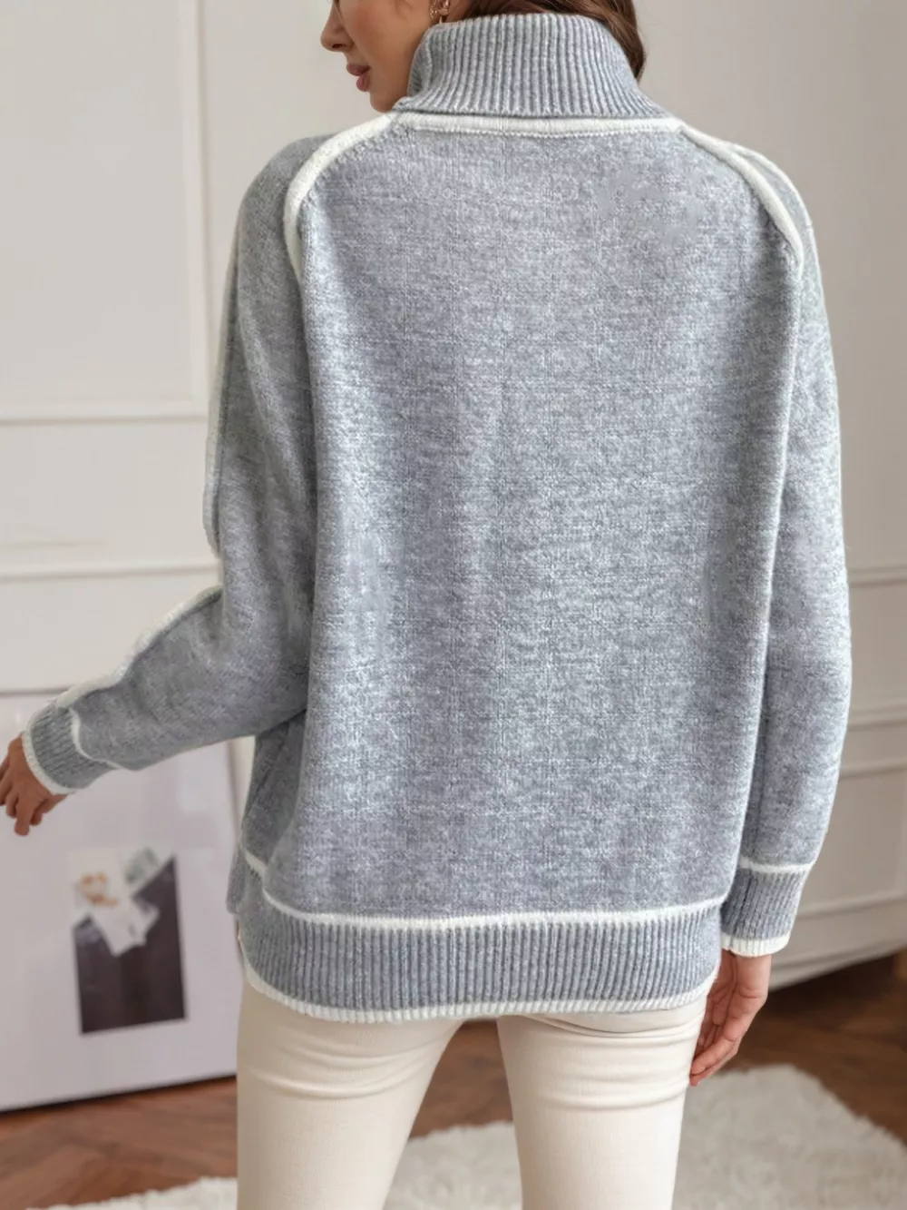 Full Size Turtleneck Contrast Trim Sweater Plus Size, image 5