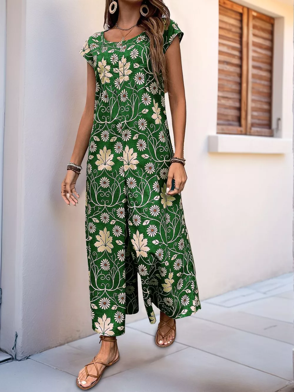 Printed Round Neck Cap Sleeve Wide Leg Jumpsuit, image 2