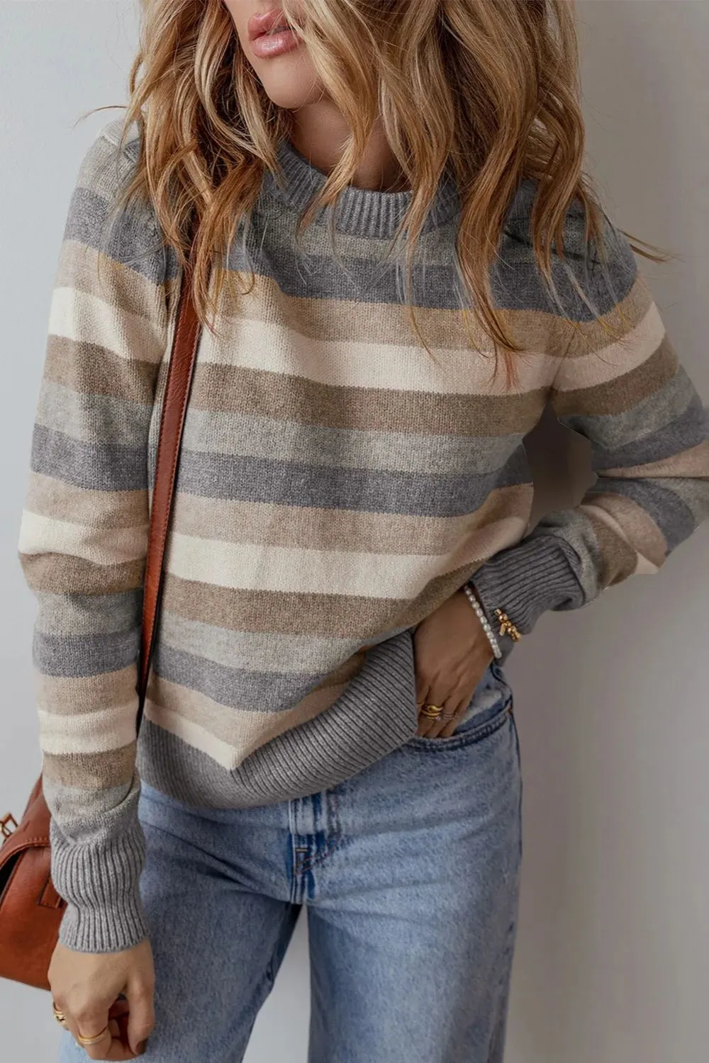 Striped Round Neck Long Sleeve Sweater, image 2