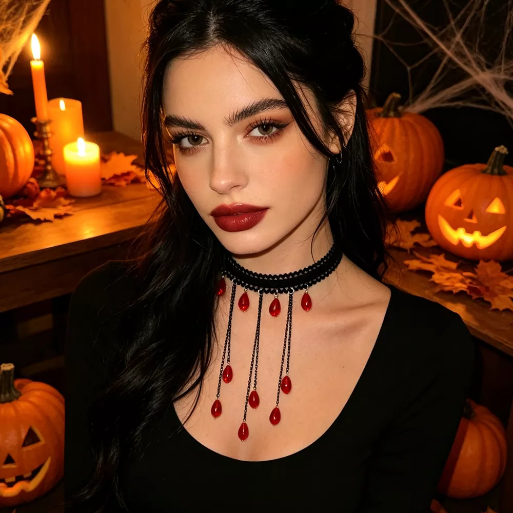 Gothic Lace Choker Necklace with Teardrop Dangle Charms, image 7