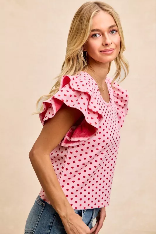 Heart Patterned Knit Ruffled Sleeves Top, image 8