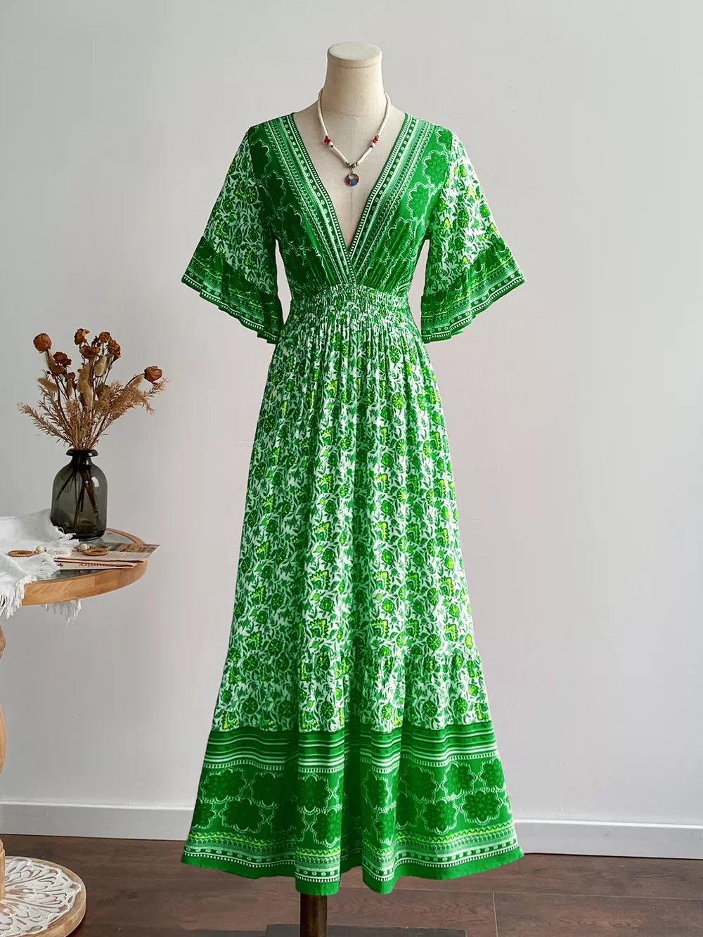 Floral Deep V-Neck Flutter Sleeves Dress, image 2