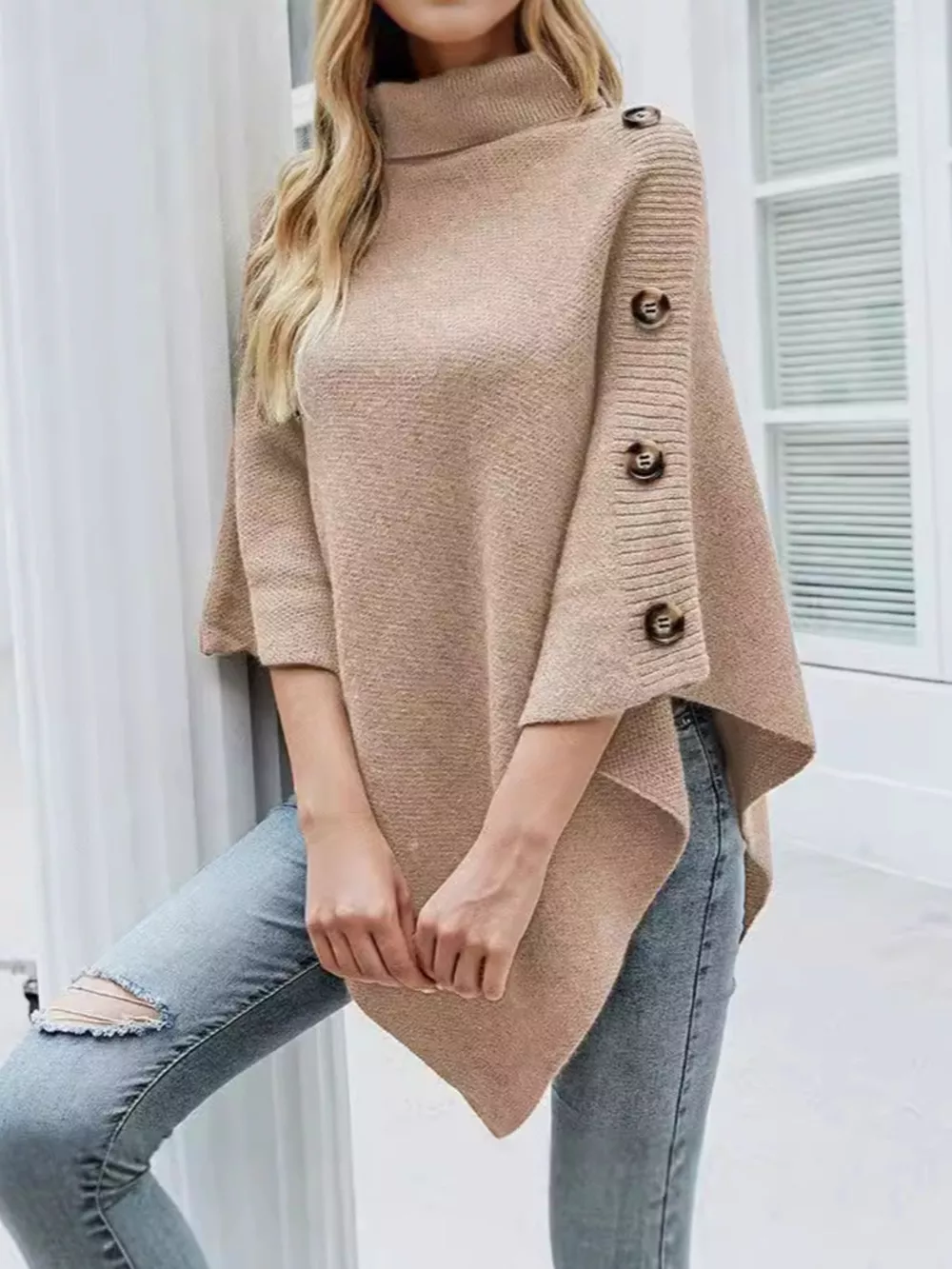Button-Decor Turtleneck Poncho Pullover, image 2