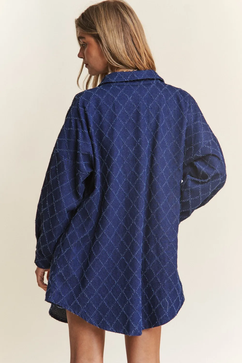 Rhombus Stitched Button Up Denim Shacket, image 2