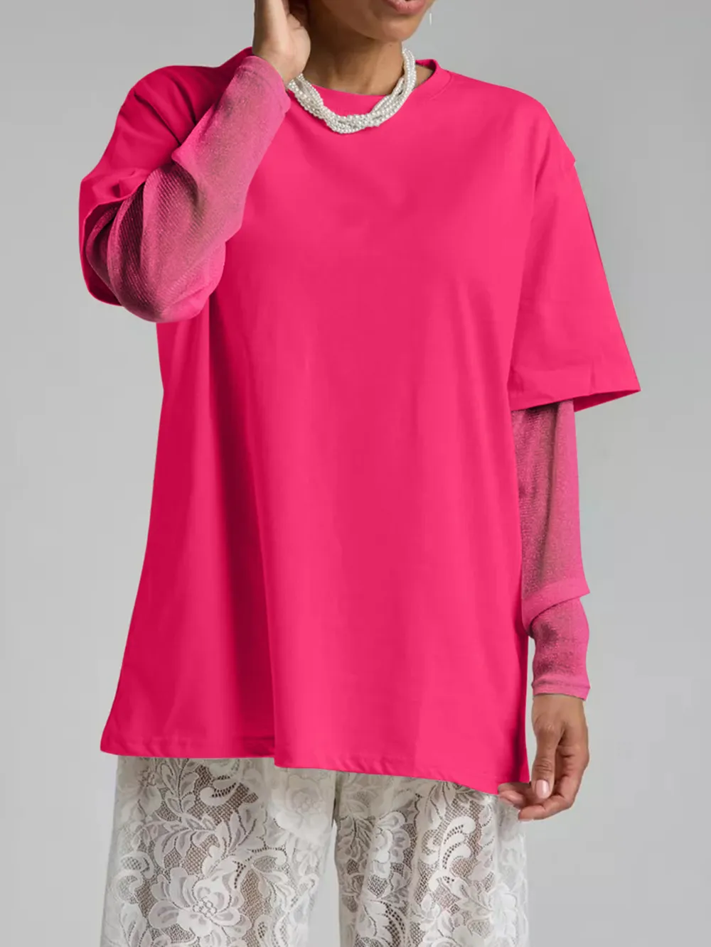 Faux Layered Round Neck Mesh Sleeve Top, image 20