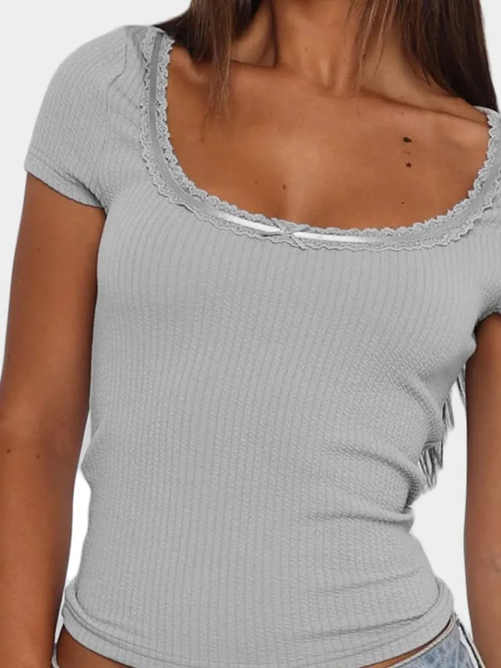 Lace Detail Scoop Neck Short Sleeve T-Shirt, image 6
