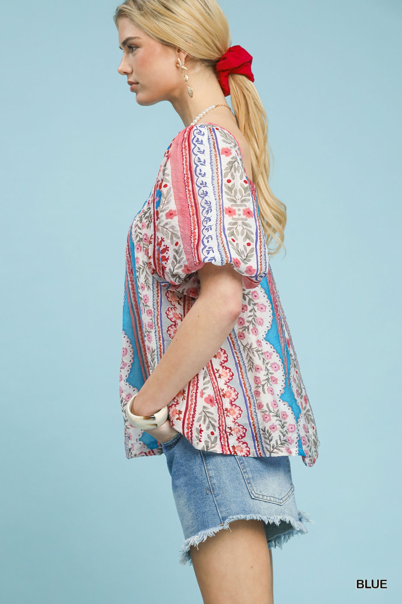 Patchwork Puff Sleeve Smocked Blouse, image 2