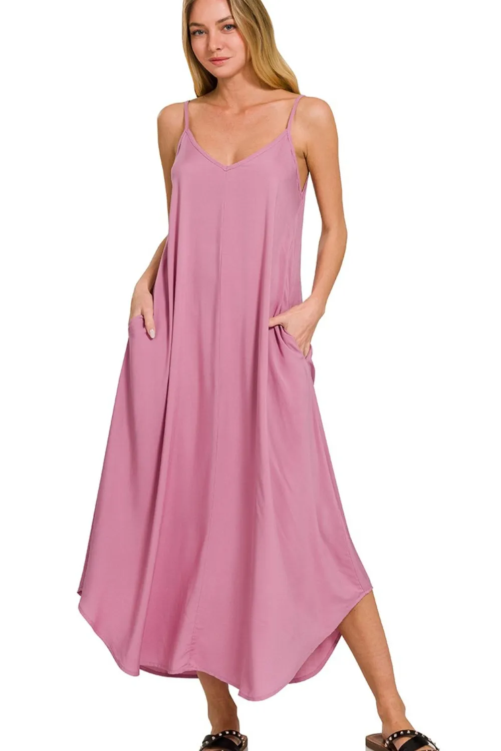 Woven Arc Hem Cami Dress With Flowy Pockets