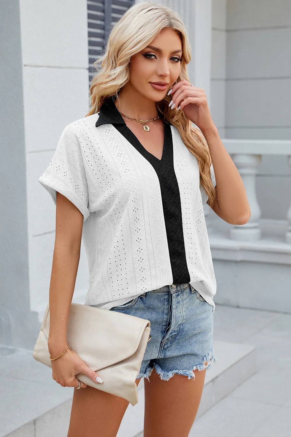 Eyelet Johnny Collar Short Sleeve T-Shirt, image 11