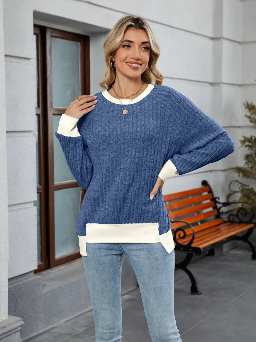 Contrast Trim Round Neck Long Sleeve T-Shirt, image 17