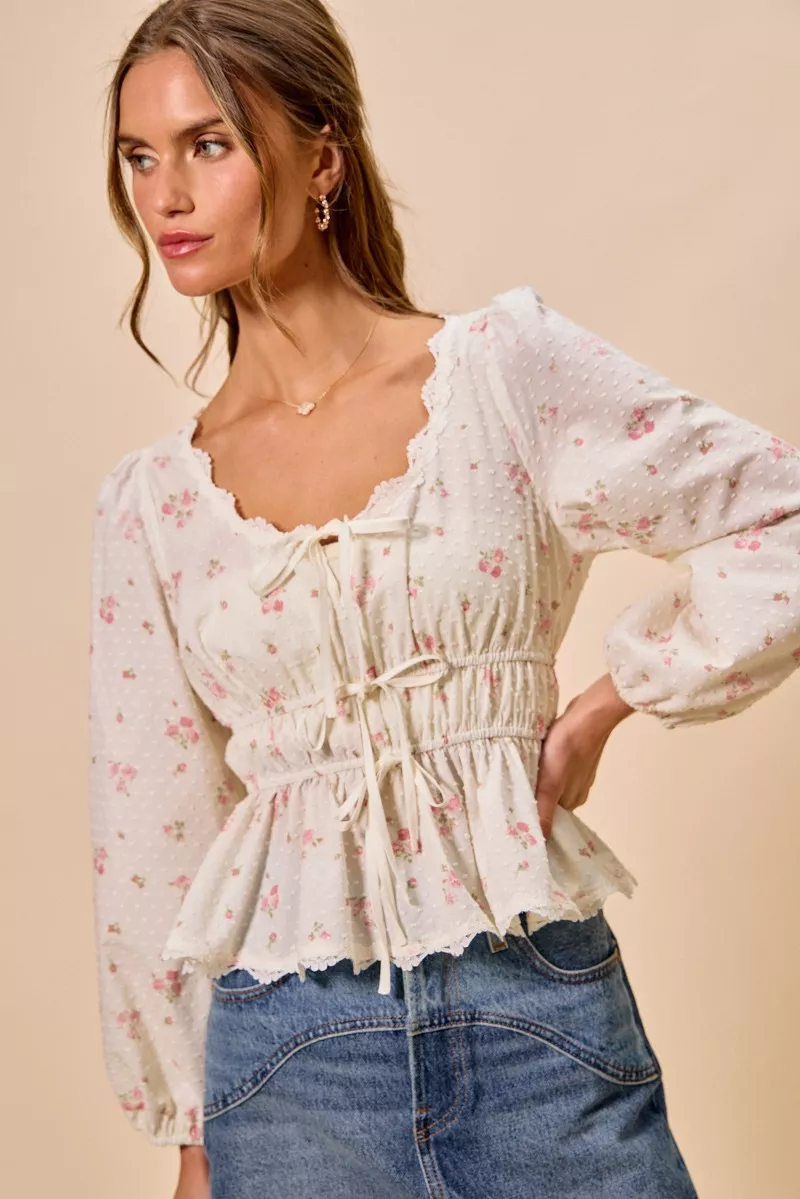 Floral Clip Dot Lace Trim Ruched Bodice Blouse, image 9