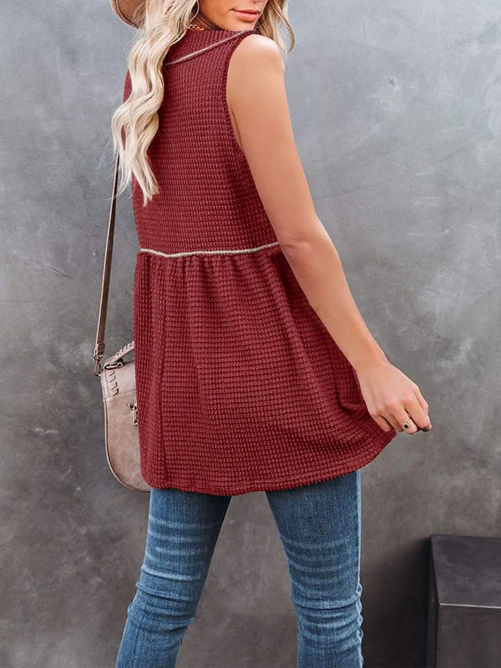 V-Neck Waffle Knit Tank Top with Contrast Stitching, image 8