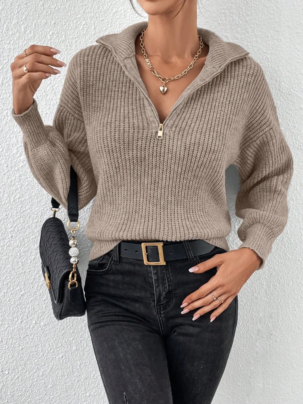 Half Zip Dropped Shoulder Sweater, image 2