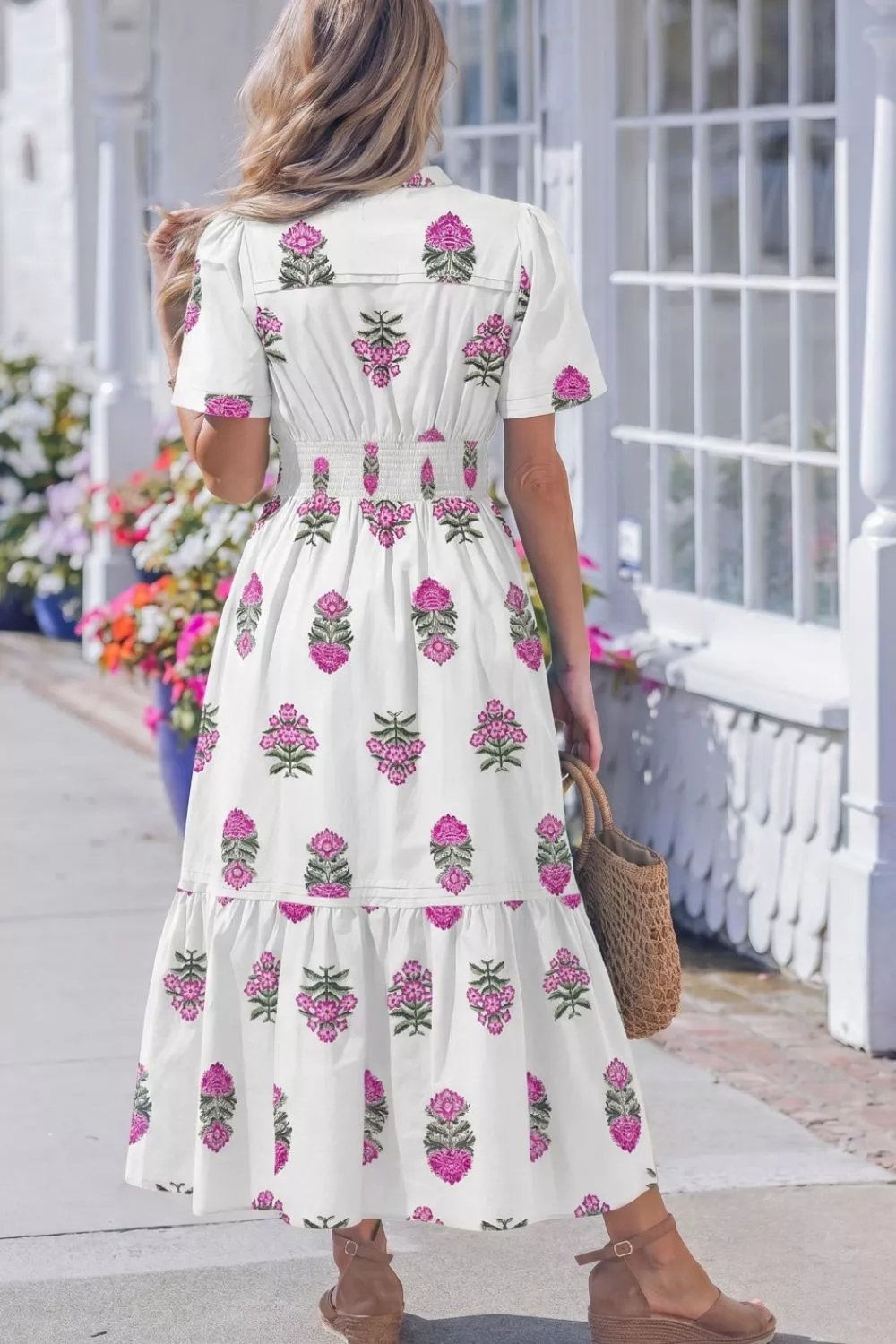 Floral Print Split Neck Shirred High Waist Ruffle Hem Midi Dress, image 2