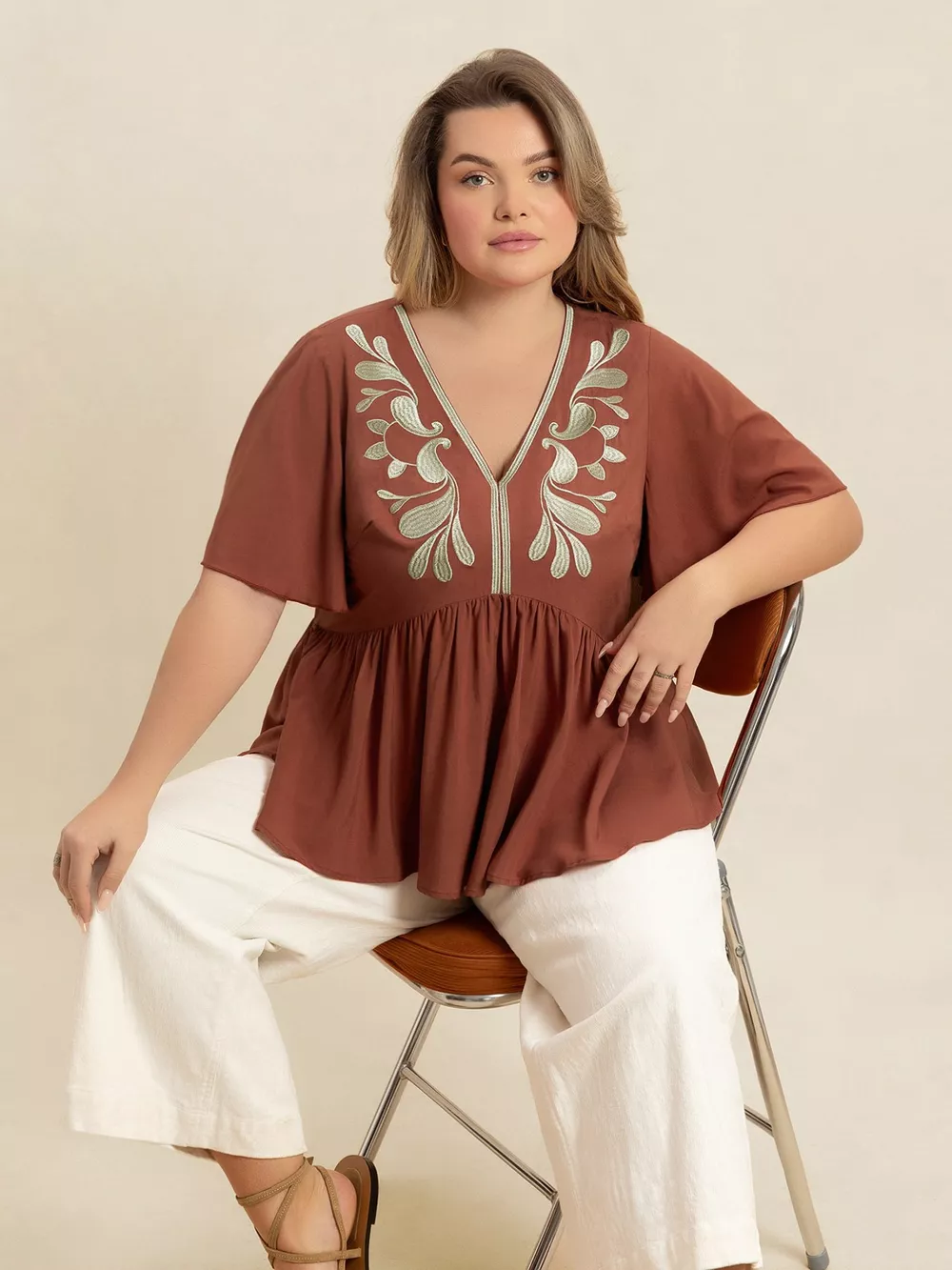 Plus Size Embroidered V-Neck Flutter Sleeve Blouse, image 2