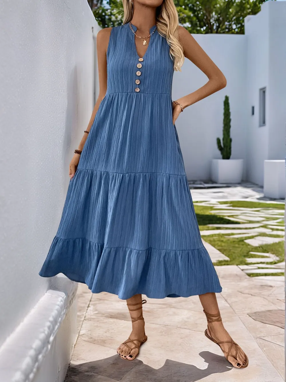 Decorative Button Notched Sleeveless Tiered Dress, image 2