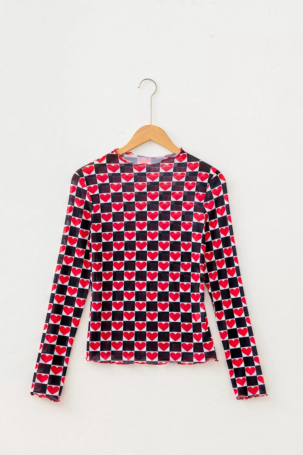 Plaid Heart Mesh Sheer Long Sleeve High Neck Top, image 11