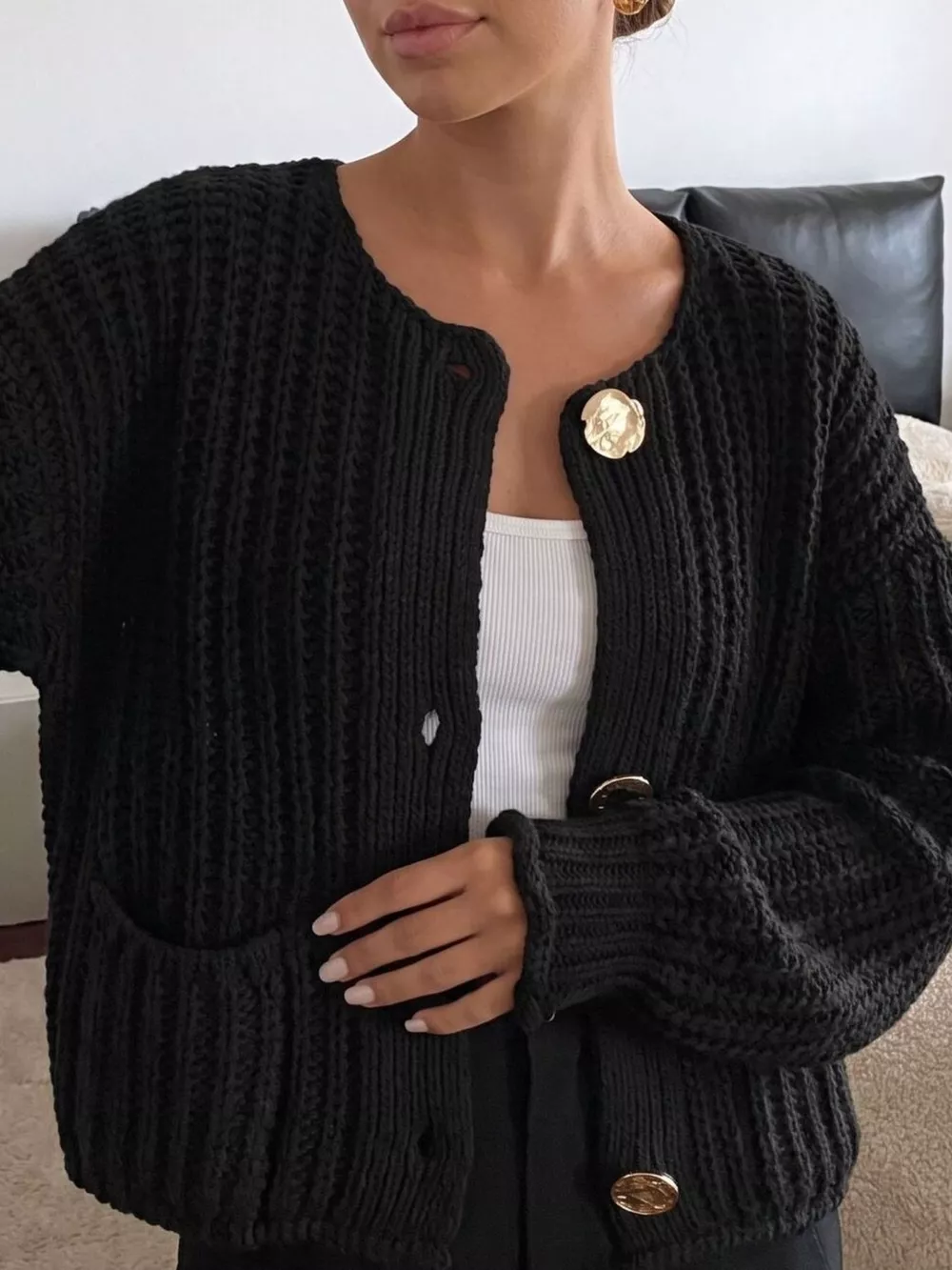 Ribbed Knit Cardigan with Gold-Tone Buttons, image 17