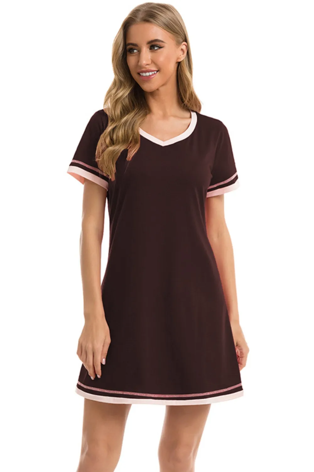 Contrast Trim Short Sleeve Lounge Dress, image 2
